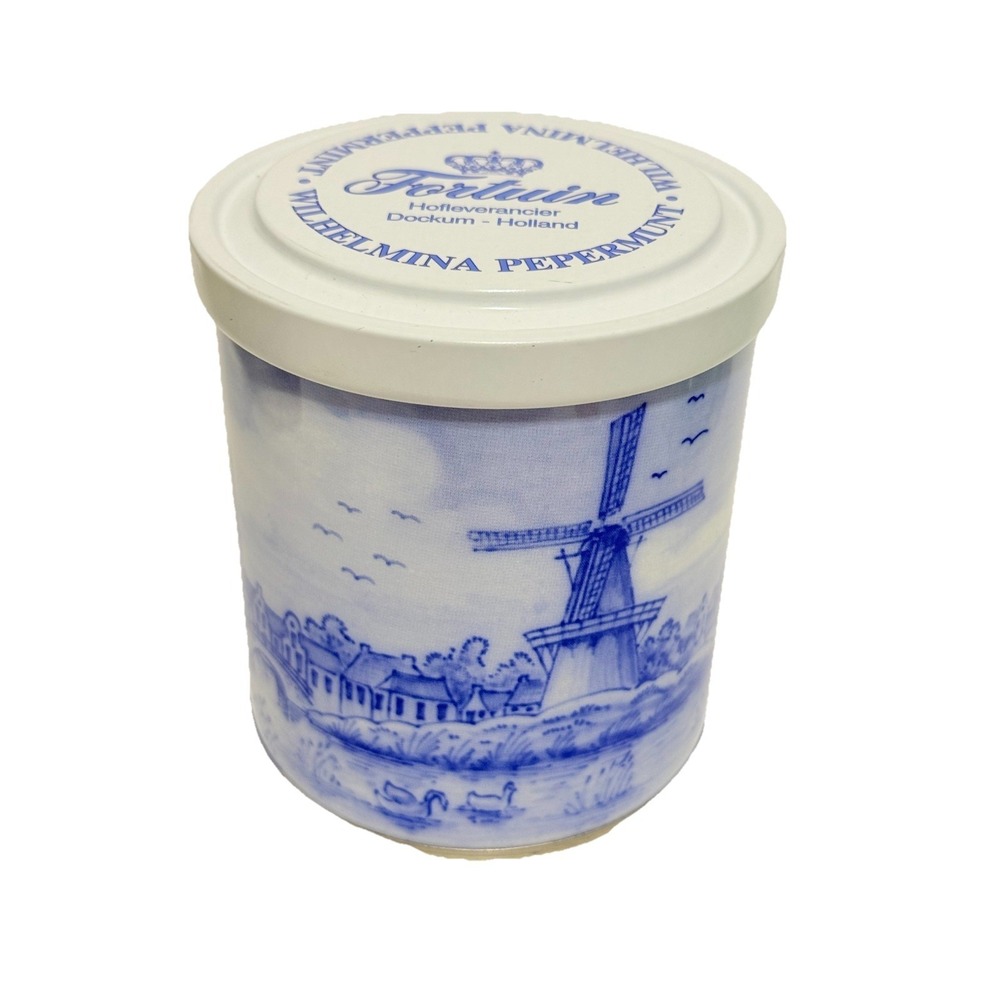 Vintage Fortuin Wilhelmina Pepermunt Tin Delft Blue Style Windmill Dutch 4.5"